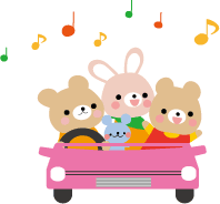 運気を上げよう！動物たちがピンクの車に乗って楽しそうにしているイラストです