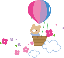気球に乗って幸せそうなくまちゃんのイラスト